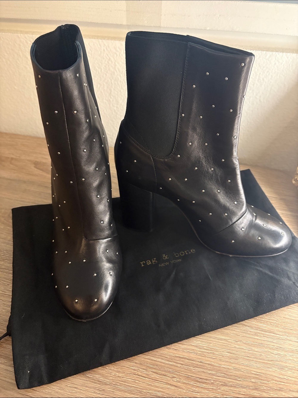 NWT rag & bone Black Studded Agnes Leather Block Heel Ankle Boots - Women’s 37